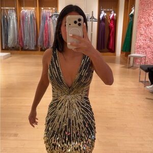 Primavera Couture Black and Gold Backless Dress